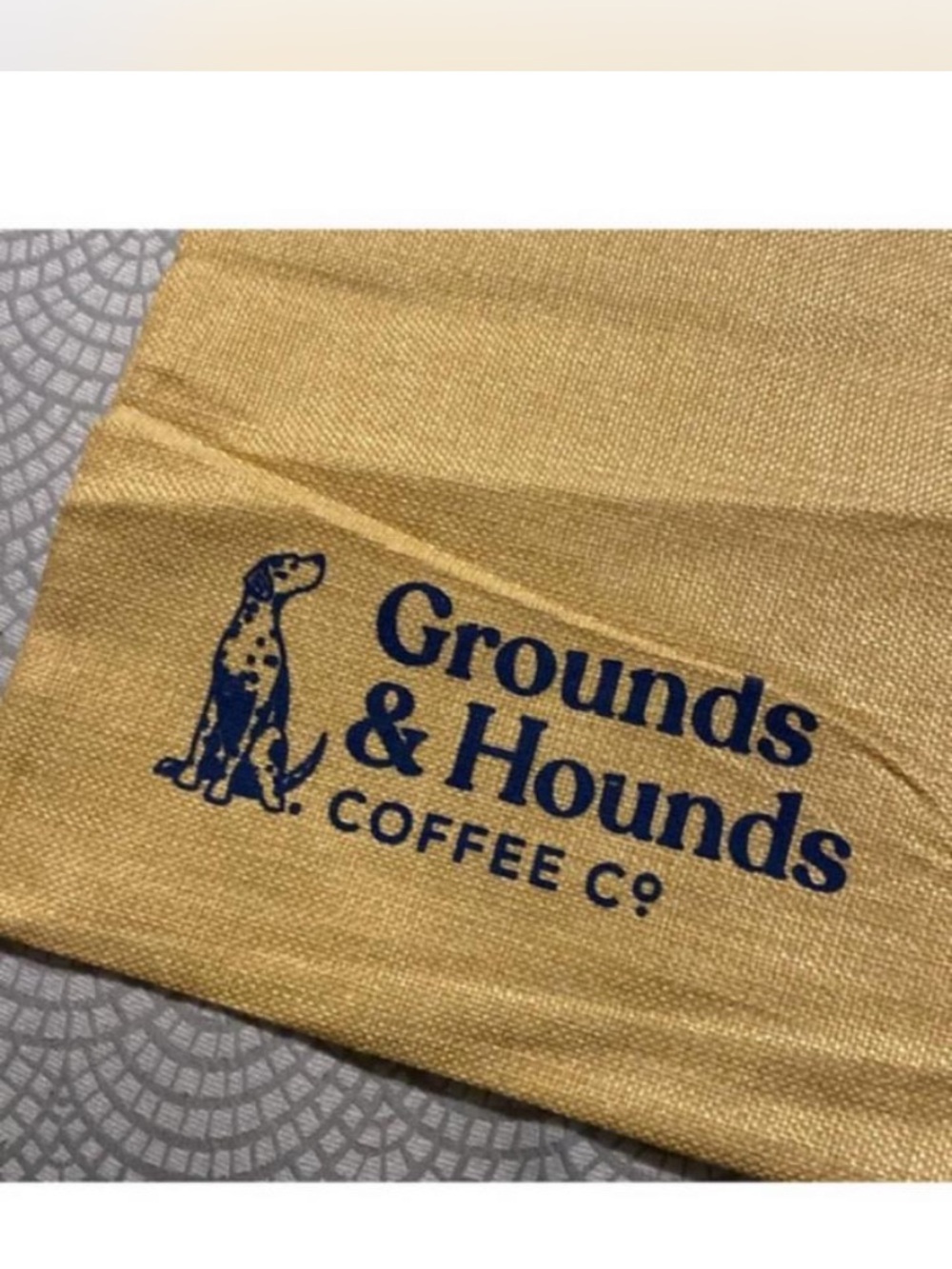 Grounds & Hounds Yellow Burlap Type Drawstring Bag with Navy Logo